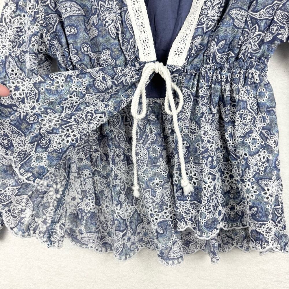 Free People Anissa Bed Jacket Eyelet Lace Tie Front Blue Combo Size S Beach Boho - Picture 9 of 15